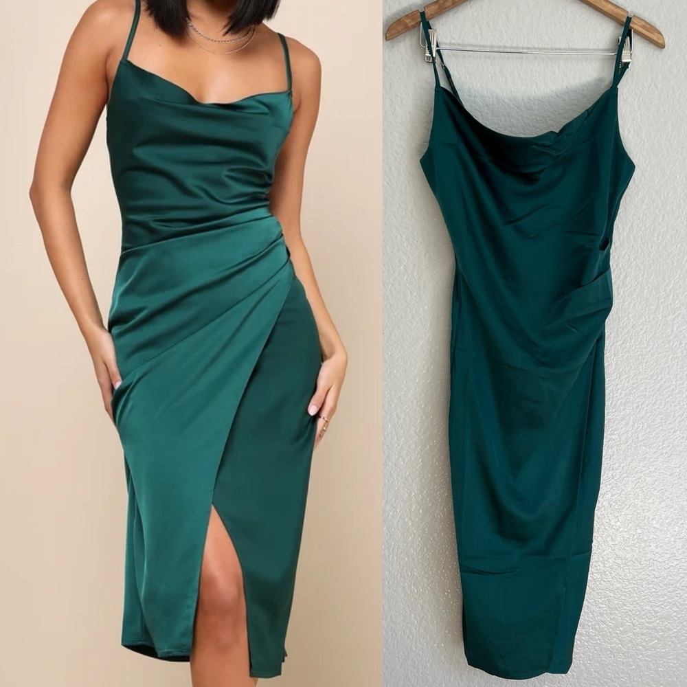 Hollywood Woman Forest Green Satin Midi Dress